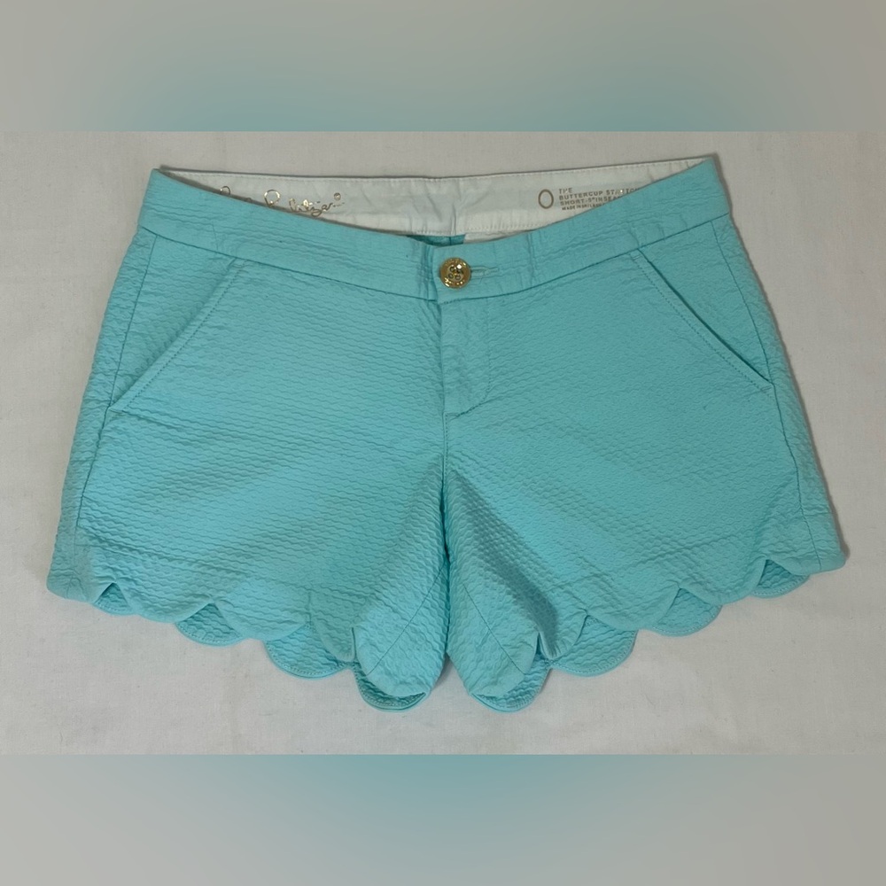 Lilly Pulitzer Buttercup Stretch Scallop Hem Shorts Aqua Blue Size 0 Summer
